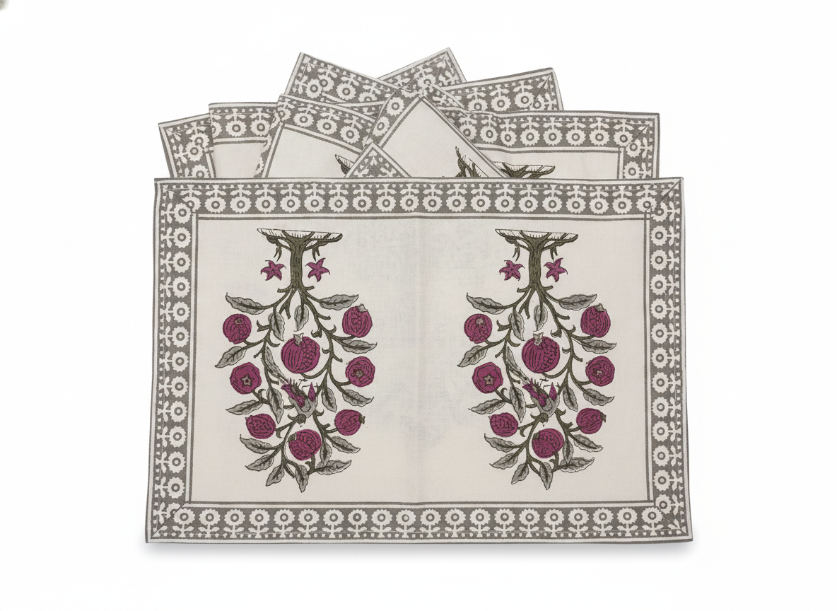Pomegranate Tree Cotton Block Print Placemats