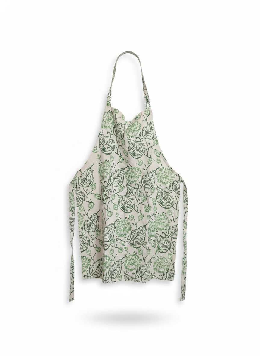 Green Leaf Block Print Cotton Apron
