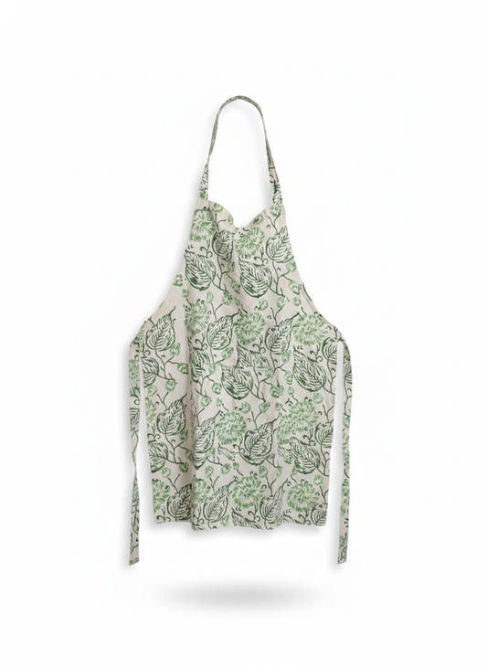 Green Leaf Block Print Cotton Apron