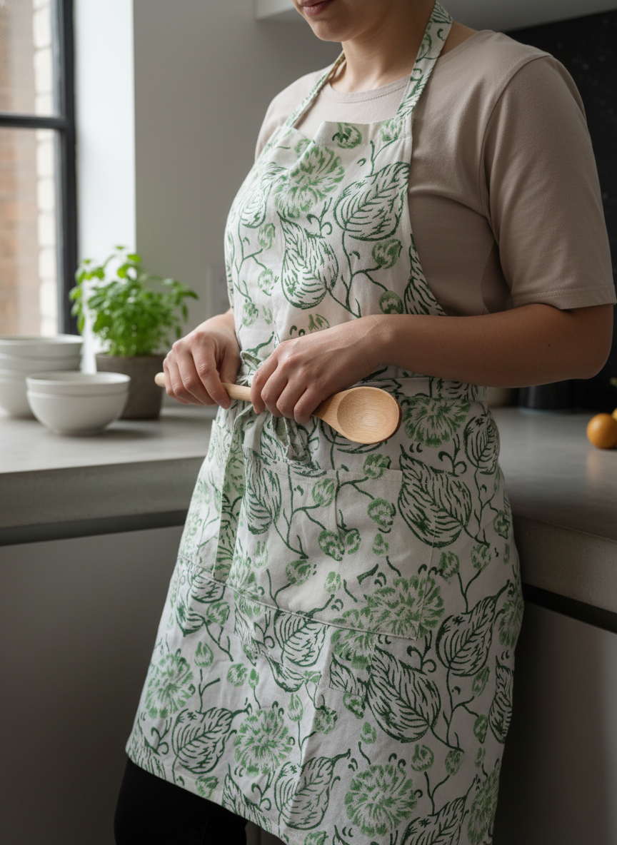 Green Leaf Block Print Cotton Apron