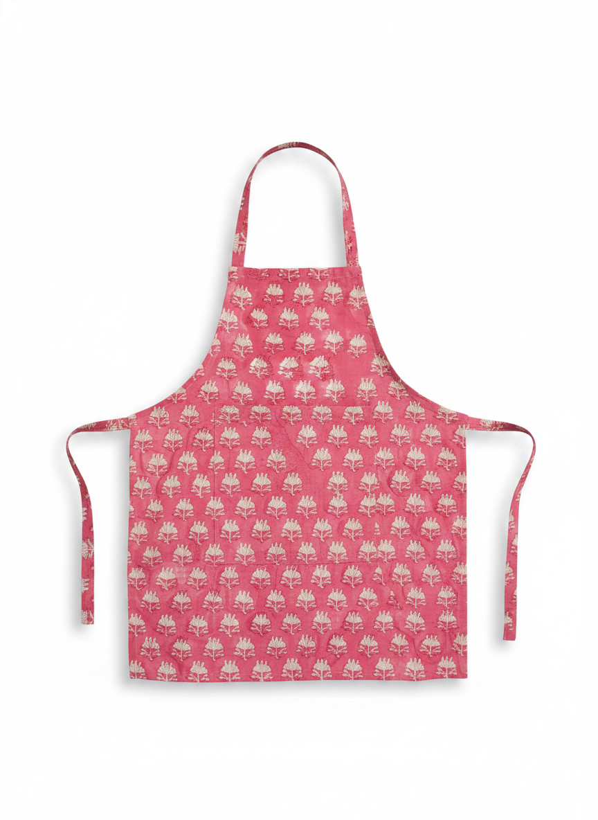 Pink Floral Block Print Cotton Apron