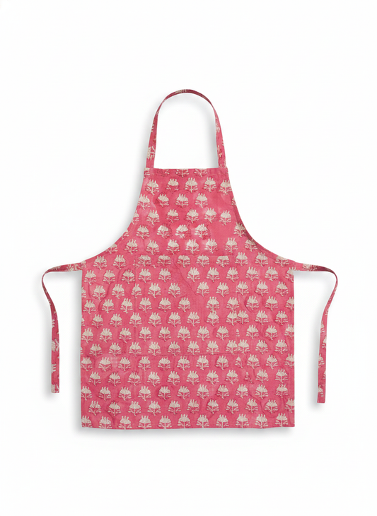 Pink Floral Block Print Cotton Apron