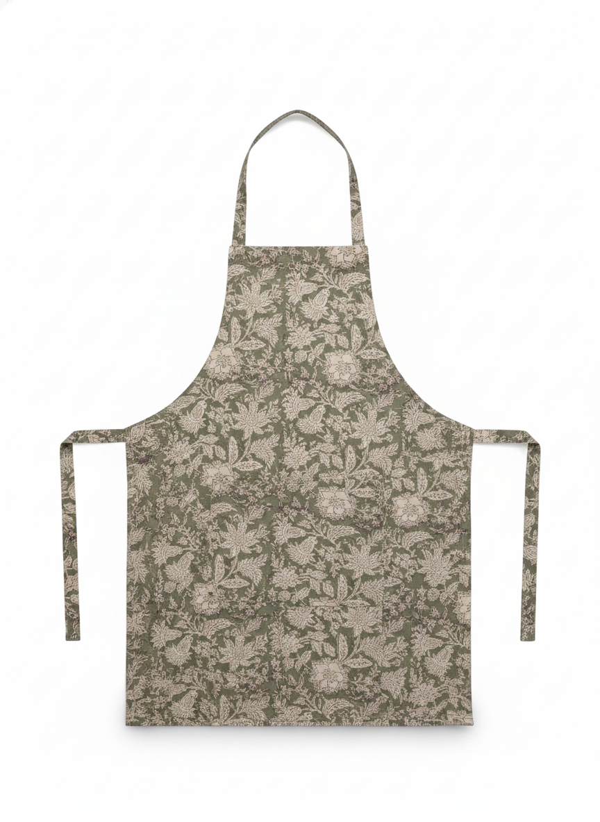 Green Floral Cotton Block Print Apron