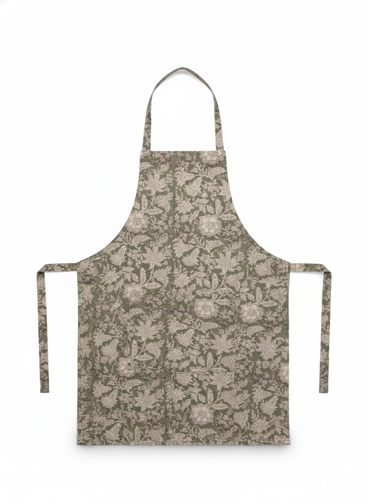 Green Floral Cotton Block Print Apron
