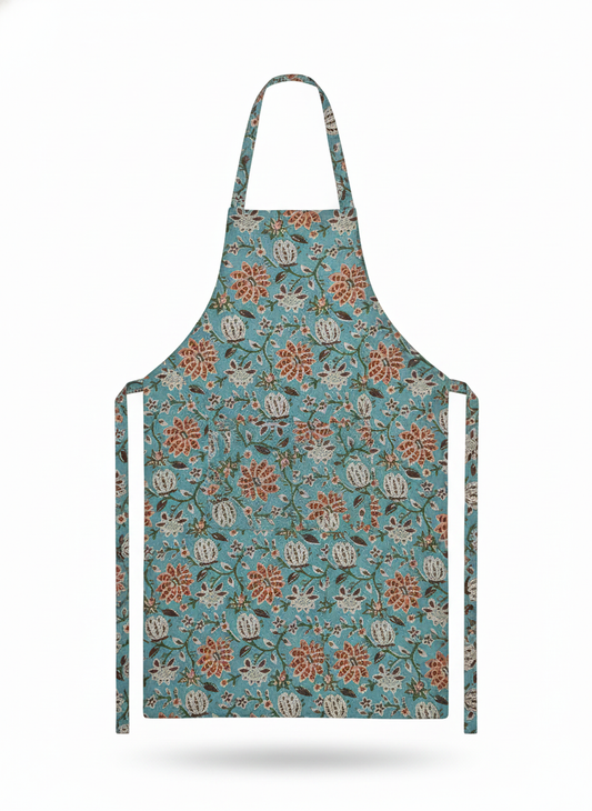 Coral Floral Cotton Block Print Apron