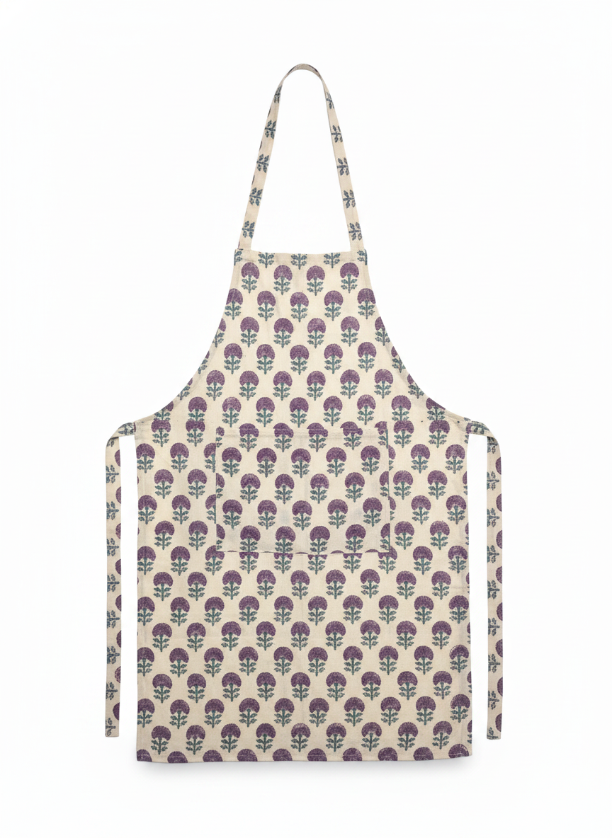 Purple Floral Cotton Apron | Hand Block Print