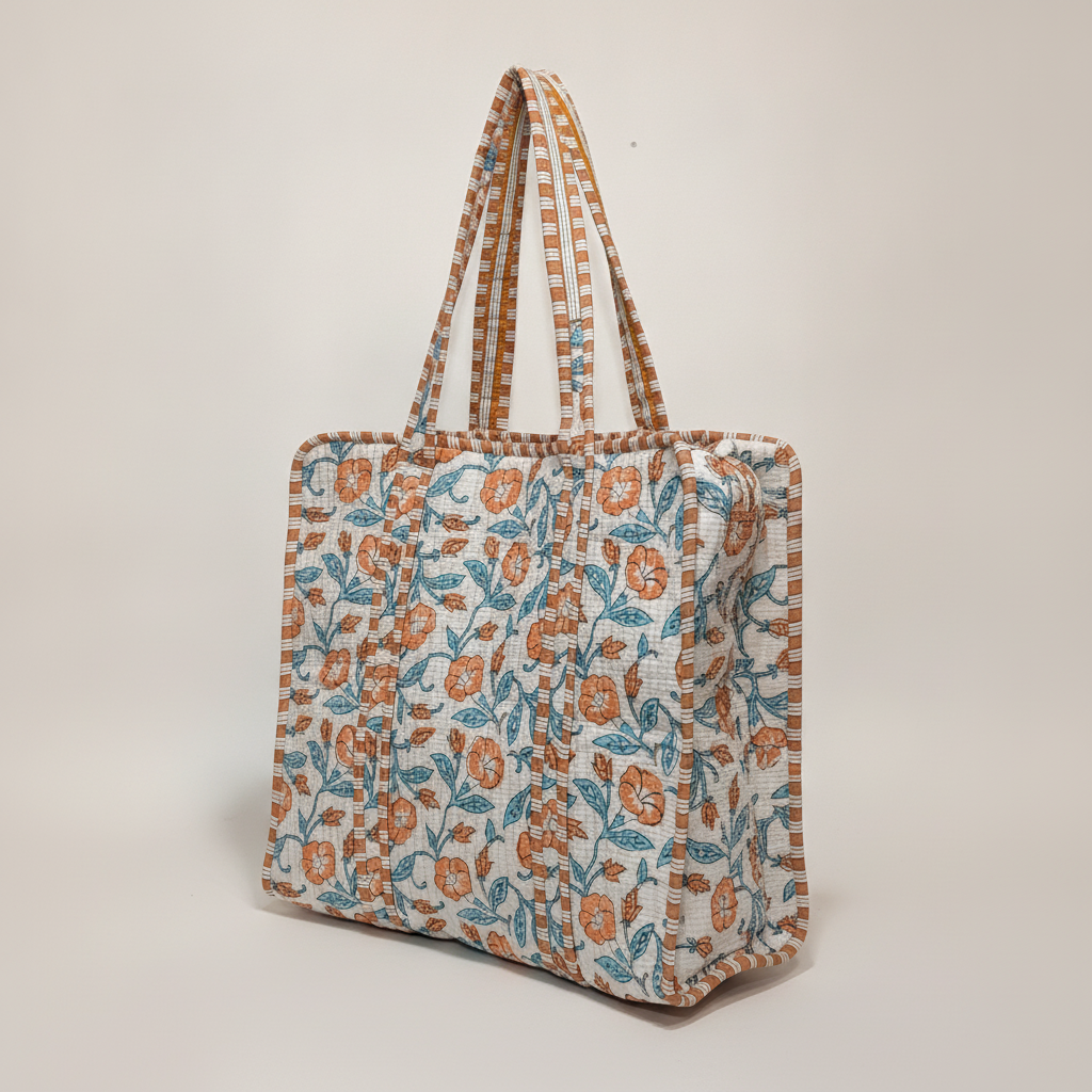 Detail view of the floral pattern on the cotton tote bag fabric.