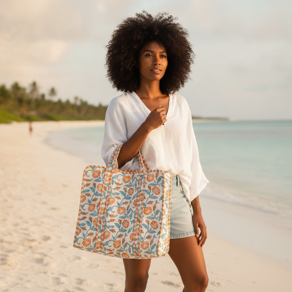 Orange Blue Floral Cotton Tote Bag — lifestyle view