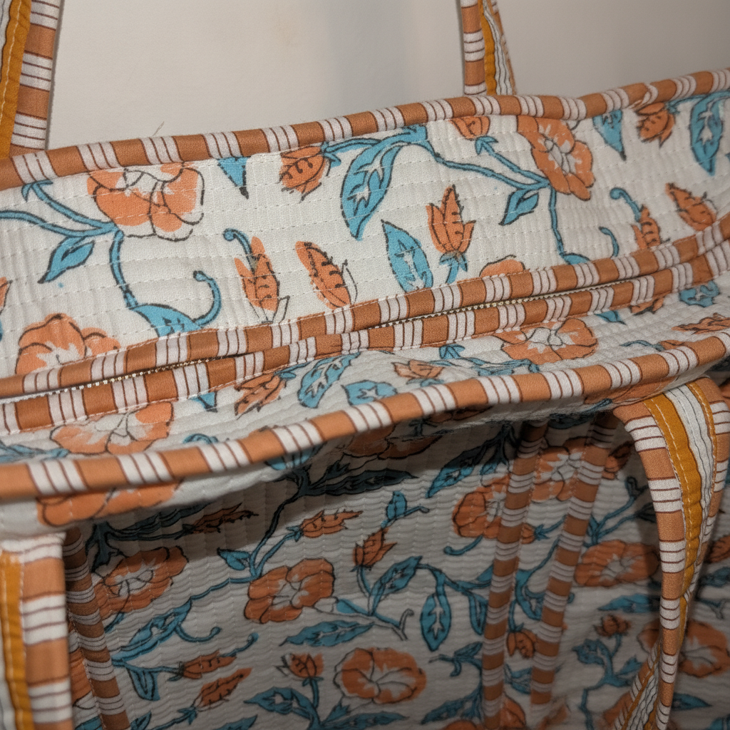 Orange Blue Floral Cotton Tote Bag — detail / texture view