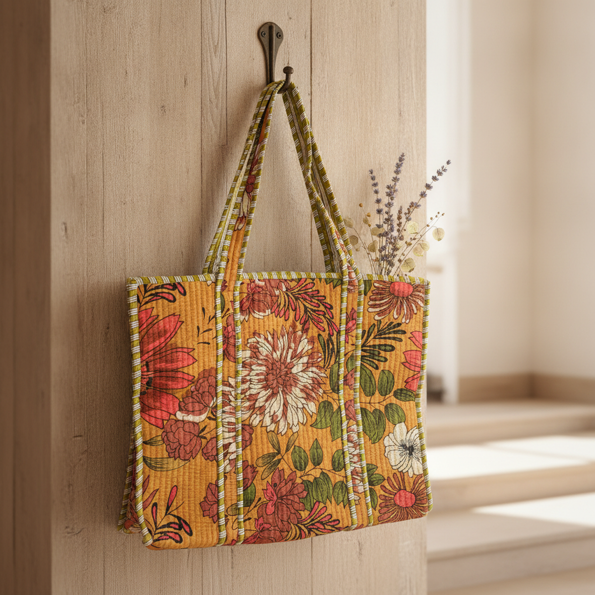 Close-up detail of the visible quilting lines and coral floral pattern on the Mustard Floral Quilted Tote Bag fabric.