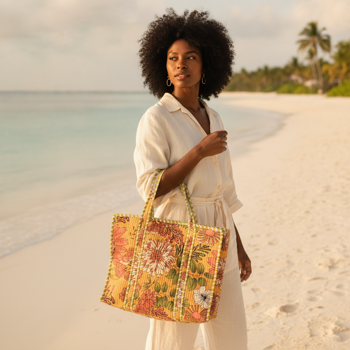 Mustard Floral Quilted Tote Bag featuring its striped cotton lining and two sturdy shoulder straps, styled for everyday use.