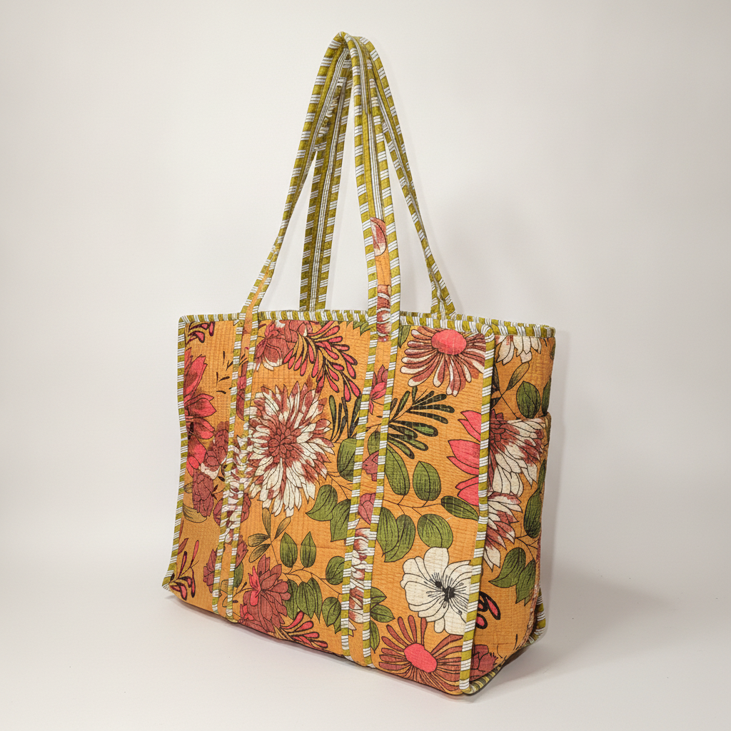 Mustard Floral Quilted Tote Bag — angle view