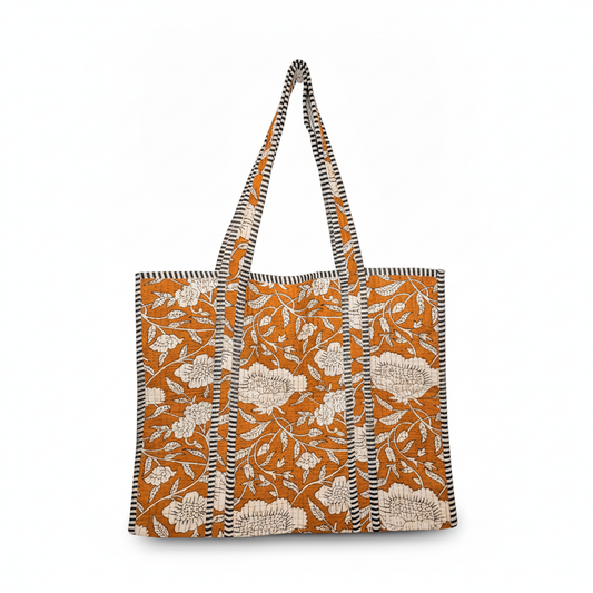 Terracotta Floral Quilted Cotton Tote Bag with shoulder straps.