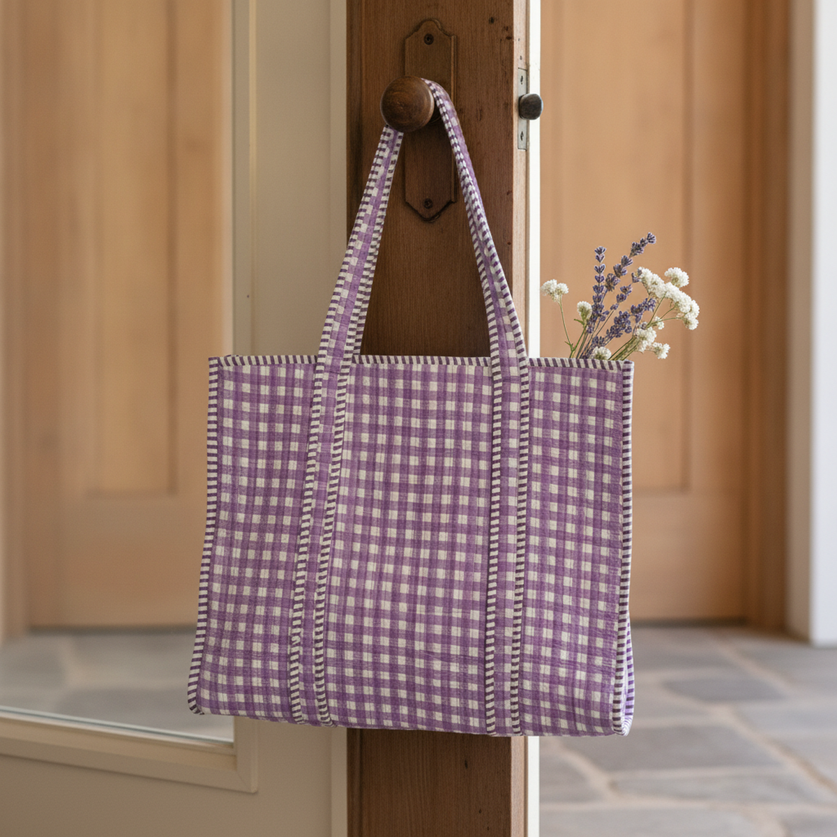 Model carrying the Lavender Gingham Tote Bag, showing its practical size and style for everyday use.