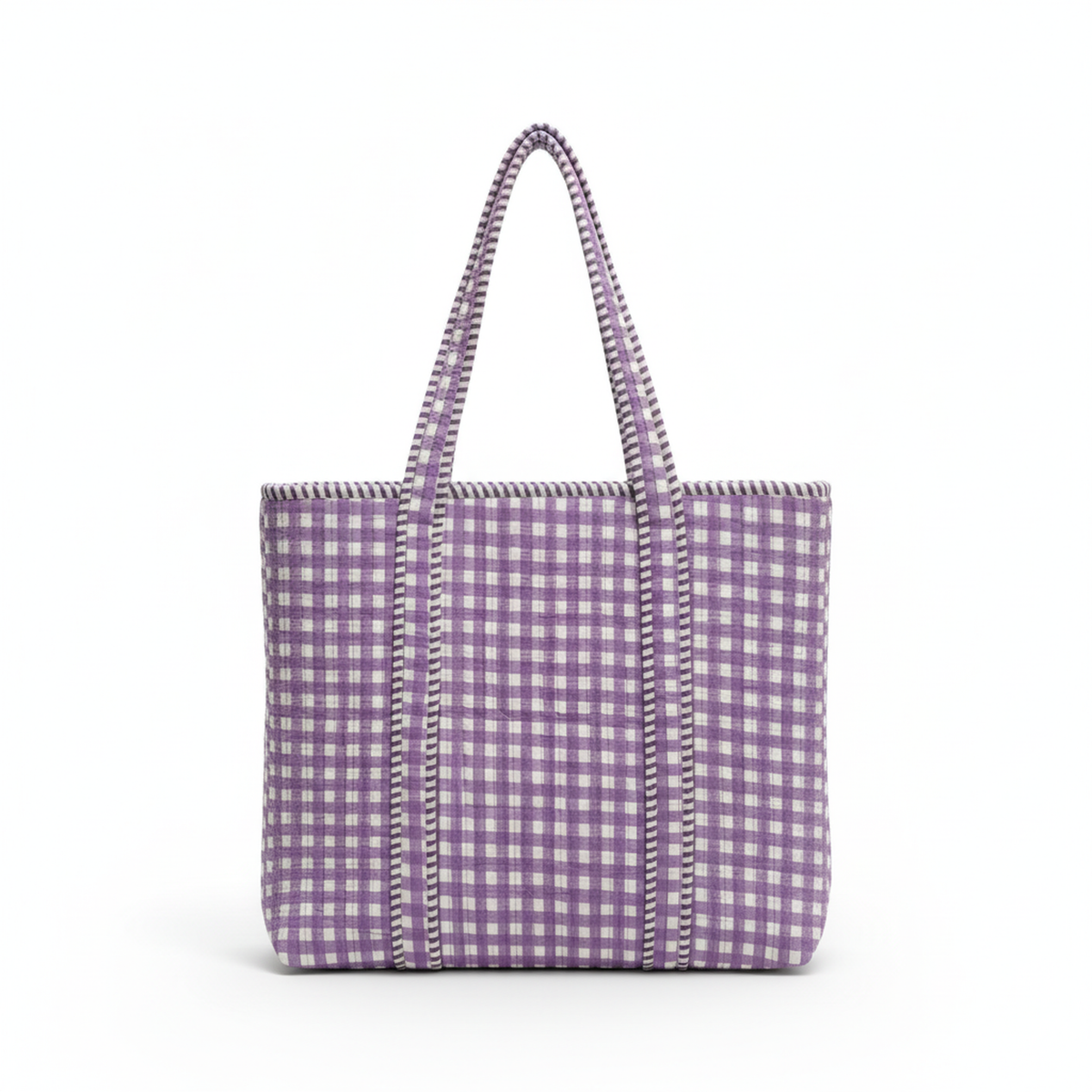 Lavender Gingham Tote Bag, close-up of quilted cotton fabric and striped handles.