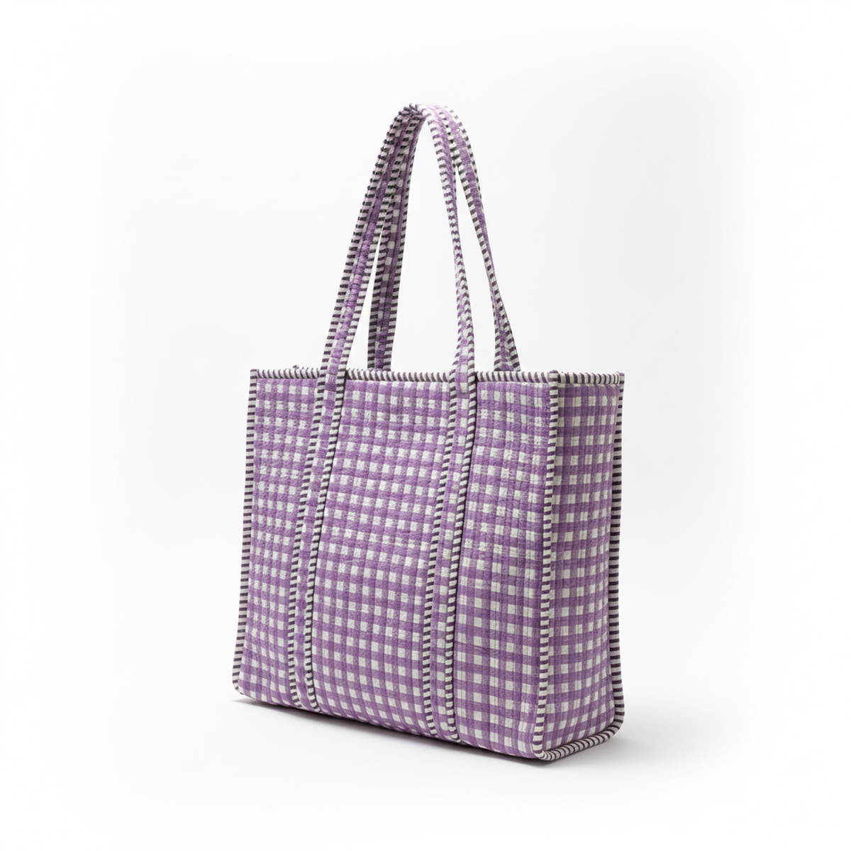 Top-down view of the Lavender Gingham Tote Bag, featuring its open top and external patch pocket.