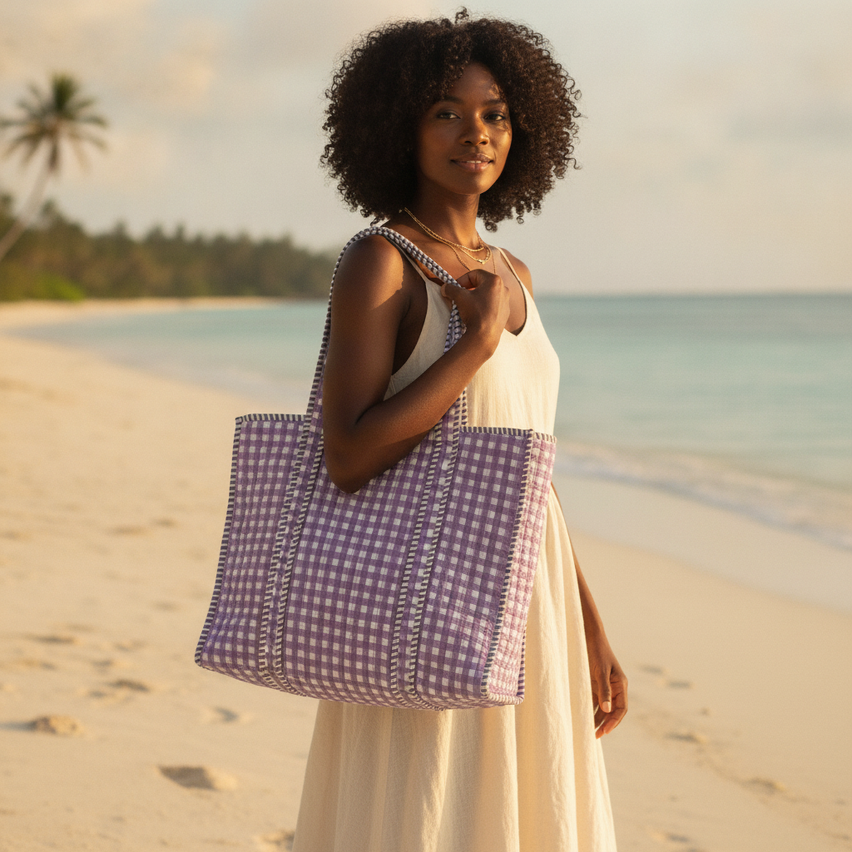 Lavender Gingham Quilted Cotton Tote Bag — lifestyle view