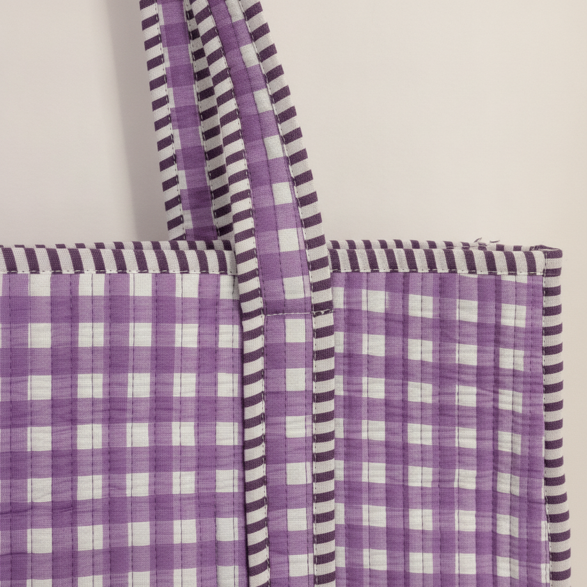 Lavender Gingham Quilted Cotton Tote Bag — detail / texture view