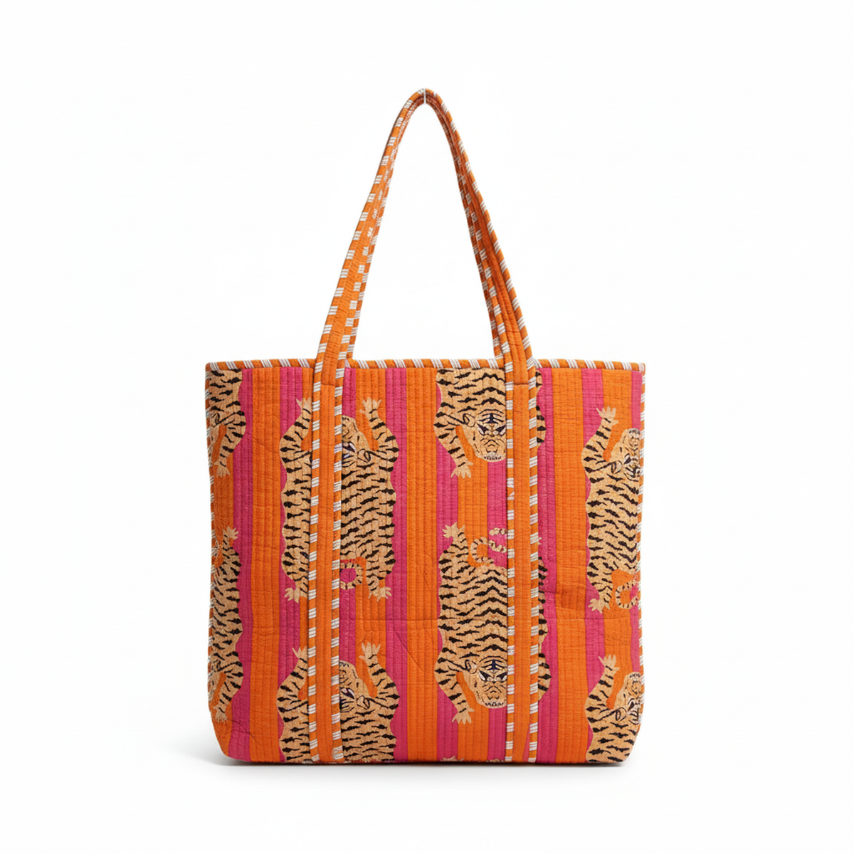 Marigold Tiger Stripe Quilted Cotton Tote Bag, showing its bold striped and tiger print pattern.