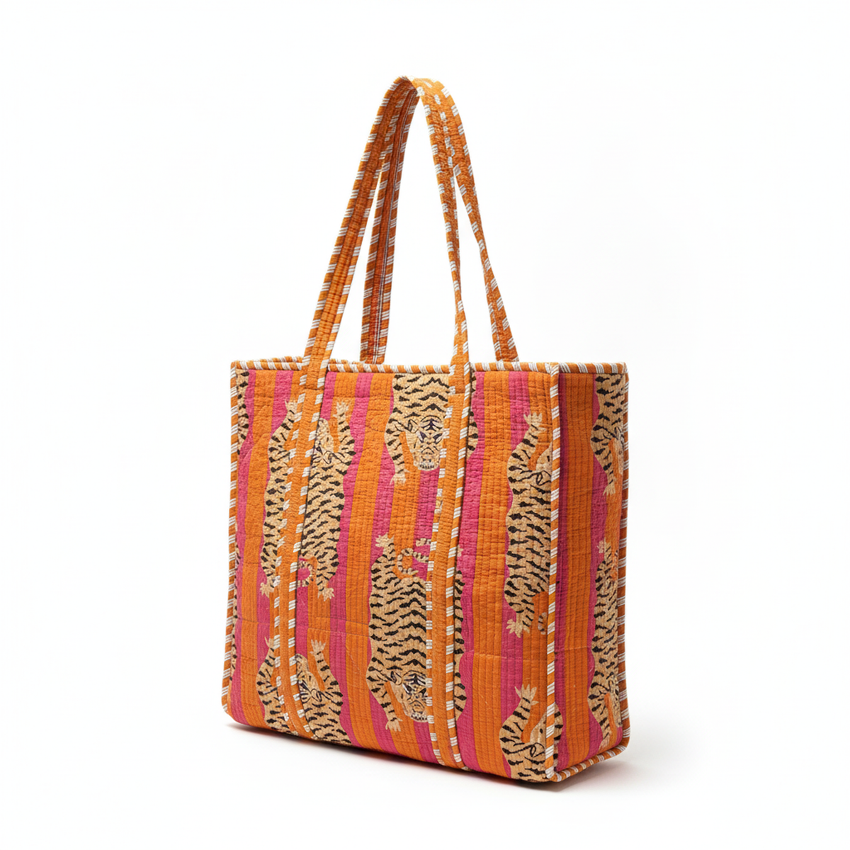 Marigold Tiger Stripe Tote with its two quilted shoulder straps, ready for everyday carry.