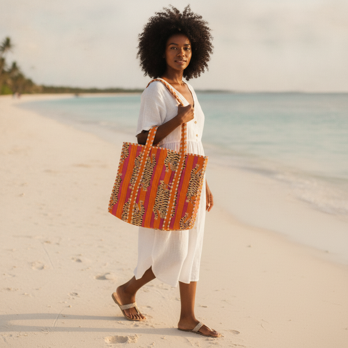Marigold Tiger Stripe Quilted Cotton Tote — lifestyle view