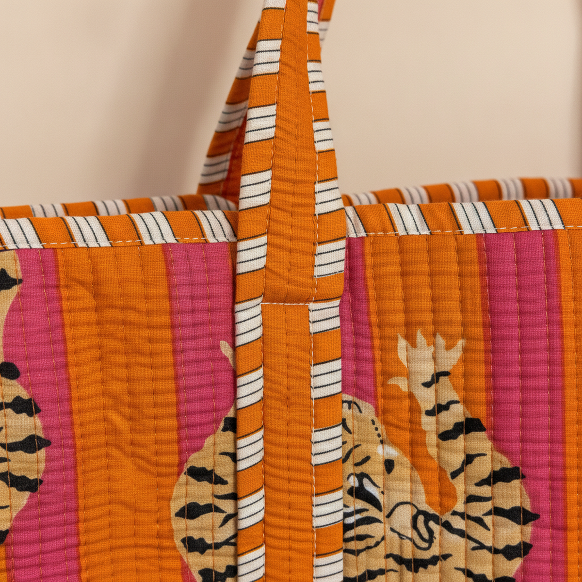 Marigold Tiger Stripe Quilted Cotton Tote — detail / texture view