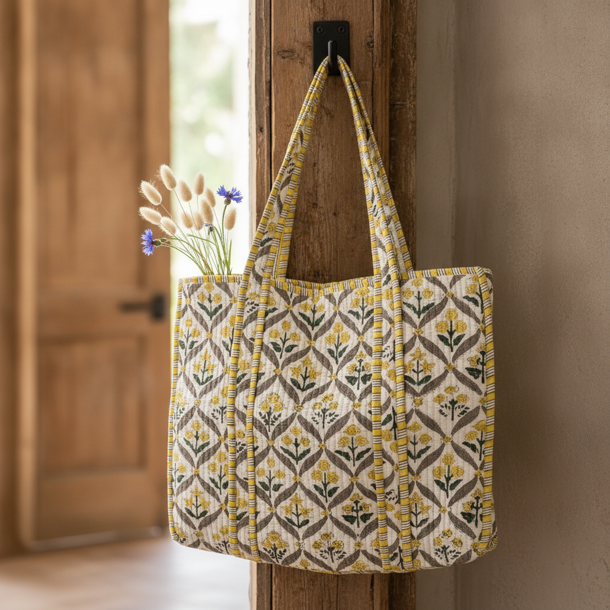 Close-up of the quilted floral trellis pattern on the cotton tote bag in ivory and yellow.