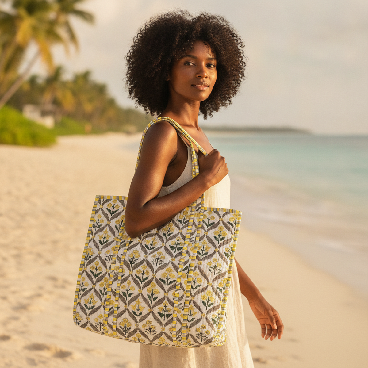 Ivory Floral Trellis Quilted Cotton Tote — lifestyle view