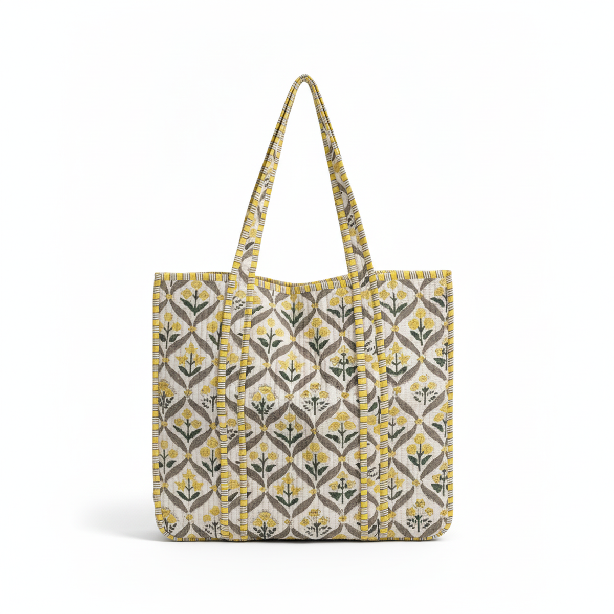 Ivory Floral Trellis Quilted Cotton Tote with striped handles and side panels.