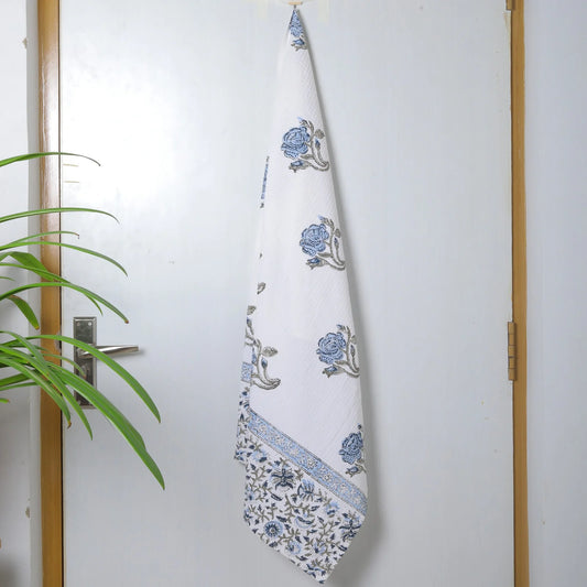 Blue Rose Block Print Cotton Waffle Bath Towel