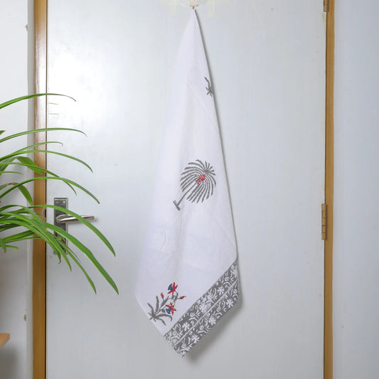 Floral Palm Block Print Cotton Waffle Bath Towel