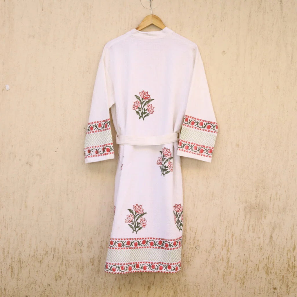 Pink Floral Buta Hand Block Printed Cotton Waffle Bathrobe