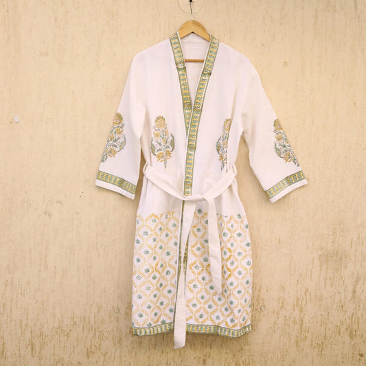 Luxury Olive Green Hand Block Printed Cotton Waffle Bathrobe