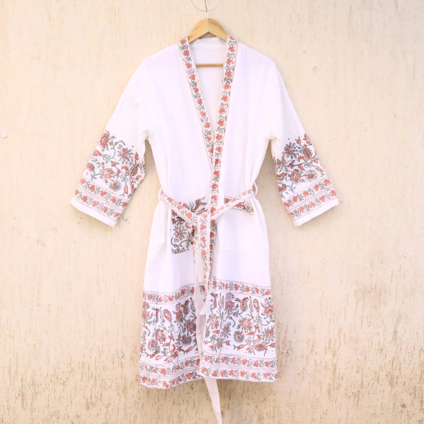 Red Grey Florals Hand Block Printed Cotton Waffle Bathrobe