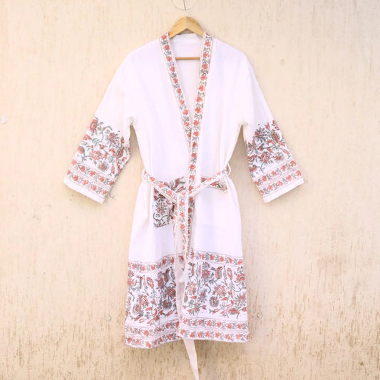 Red Grey Florals Hand Block Printed Cotton Waffle Bathrobe