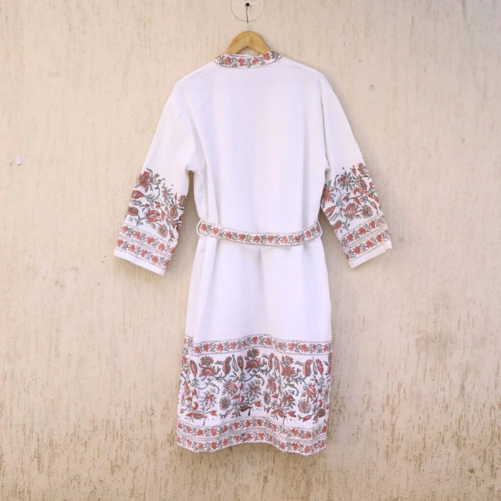 Red Grey Florals Hand Block Printed Cotton Waffle Bathrobe