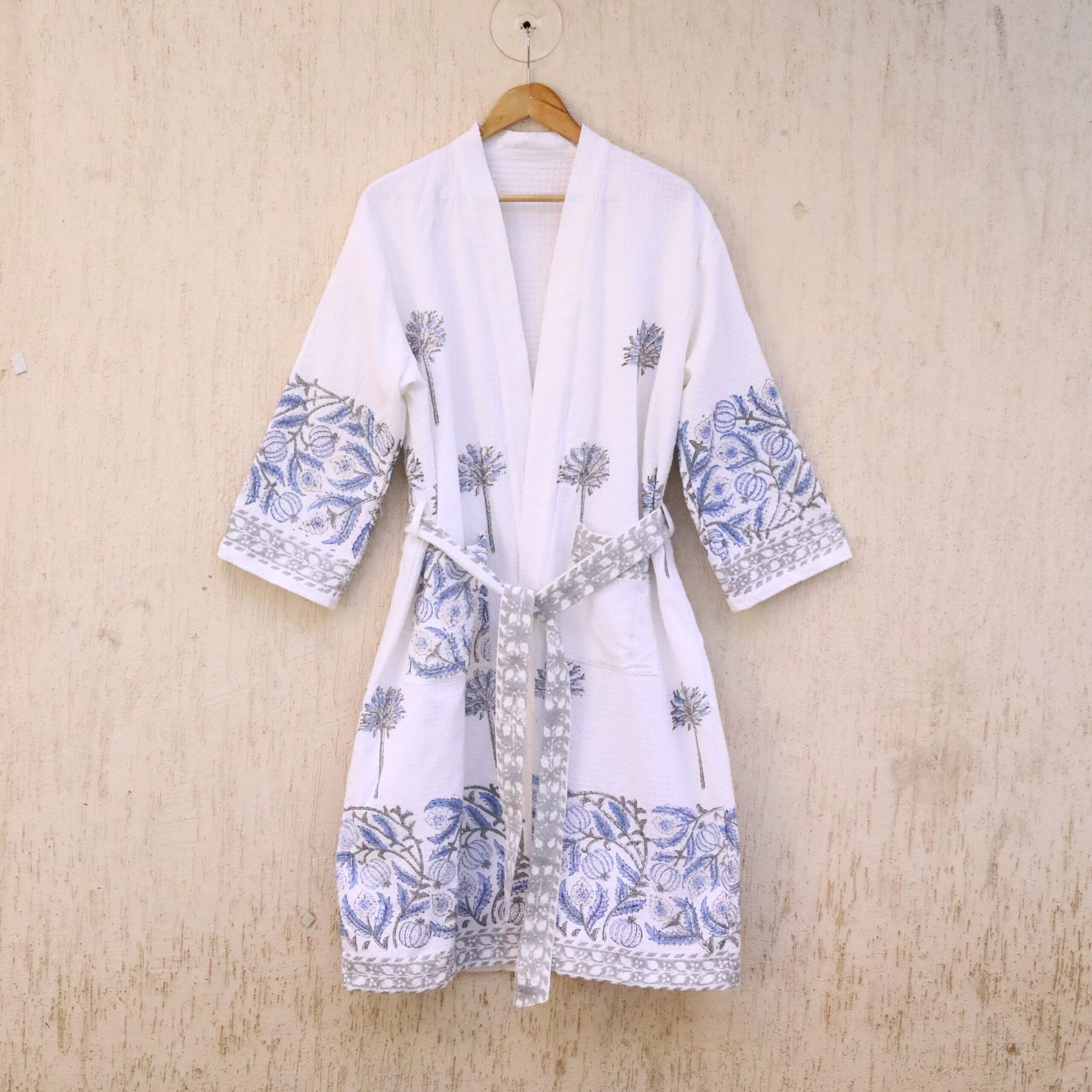 Blue Floral Hand Block Printed Cotton Waffle Bathrobe, front view