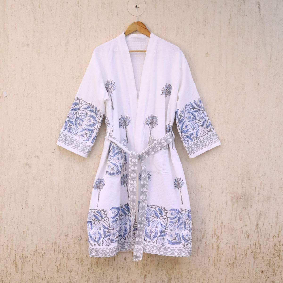 Blue Floral Hand Block Printed Cotton Waffle Bathrobe, front view