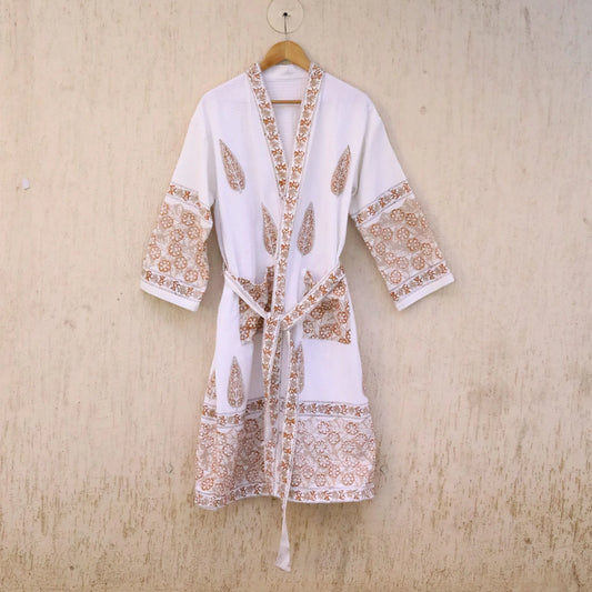 Soft Brown Hand Block Printed Cotton Waffle Bathrobe