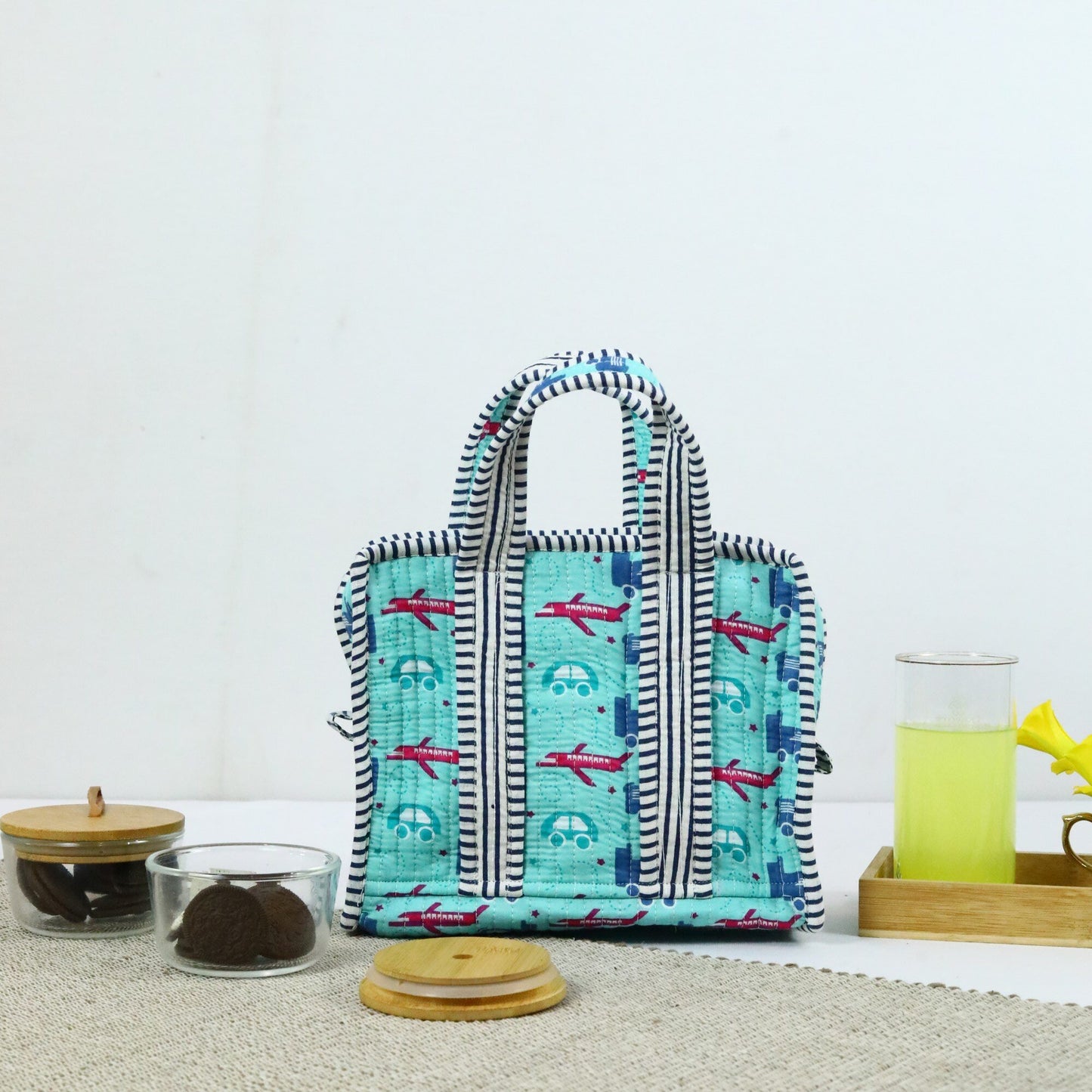 Green Aeroplane Quilted Cotton Lunch Bag