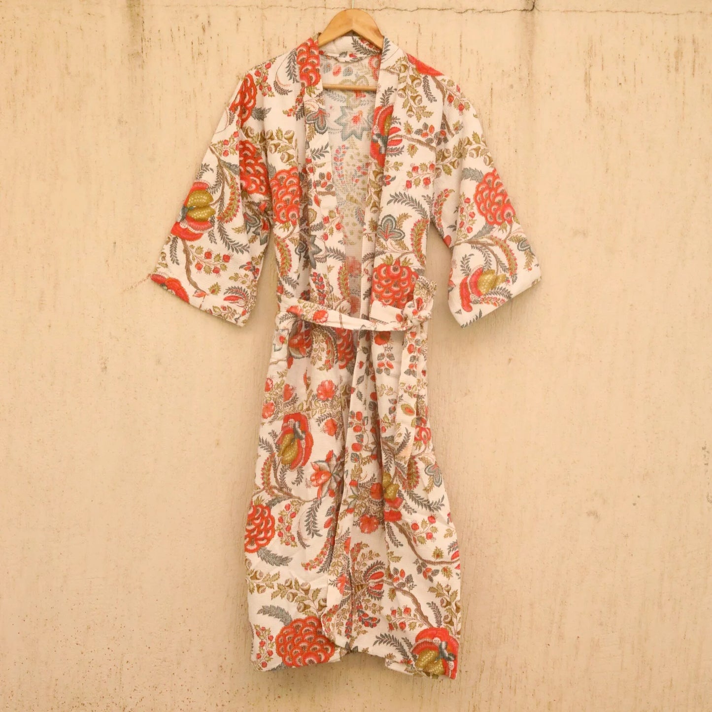 White Floral Screen Printed Cotton Waffle Bathrobe