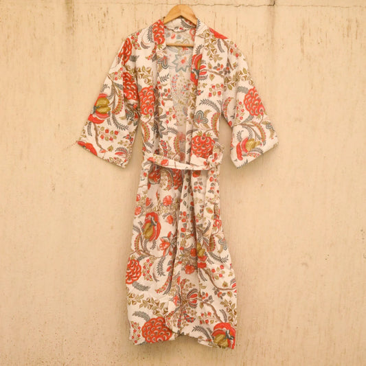 White Floral Screen Printed Cotton Waffle Bathrobe