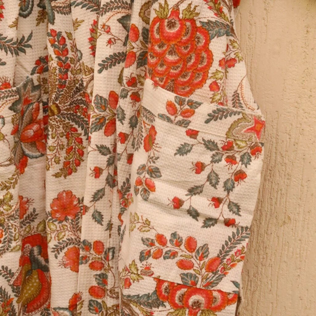 White Floral Screen Printed Cotton Waffle Bathrobe