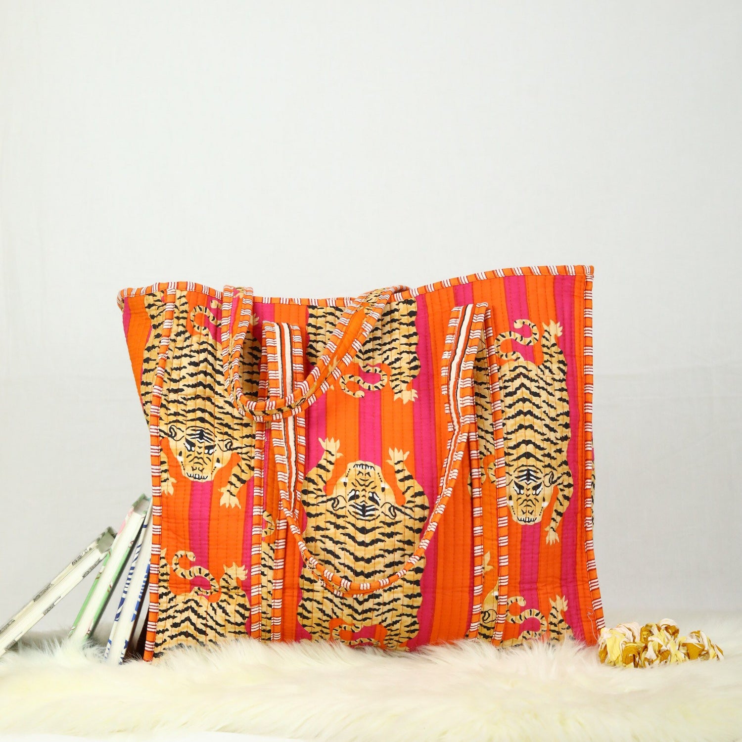 Tiger Cotton Tote Bag, detail of hand block print pattern