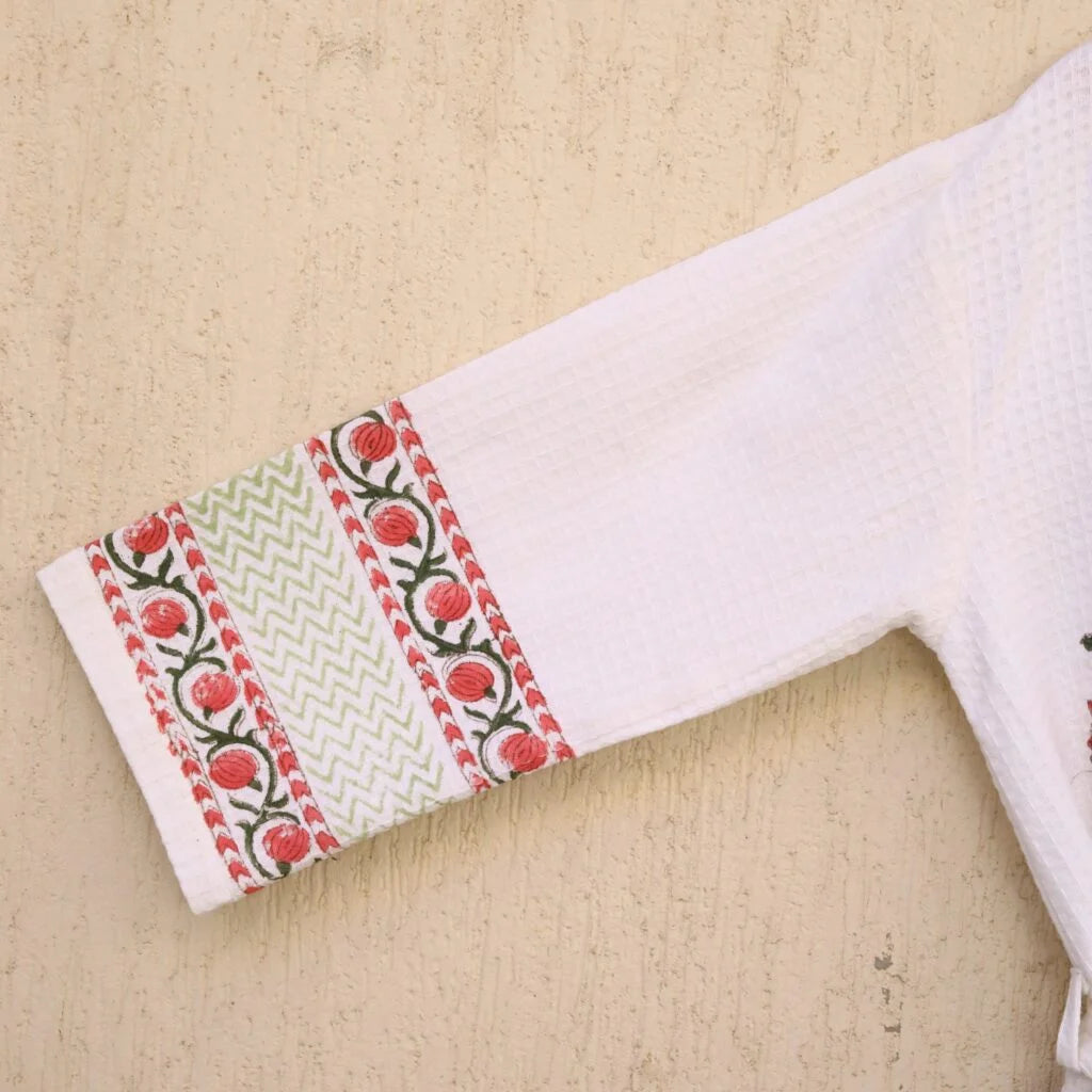 Pink Floral Buta Hand Block Printed Cotton Waffle Bathrobe