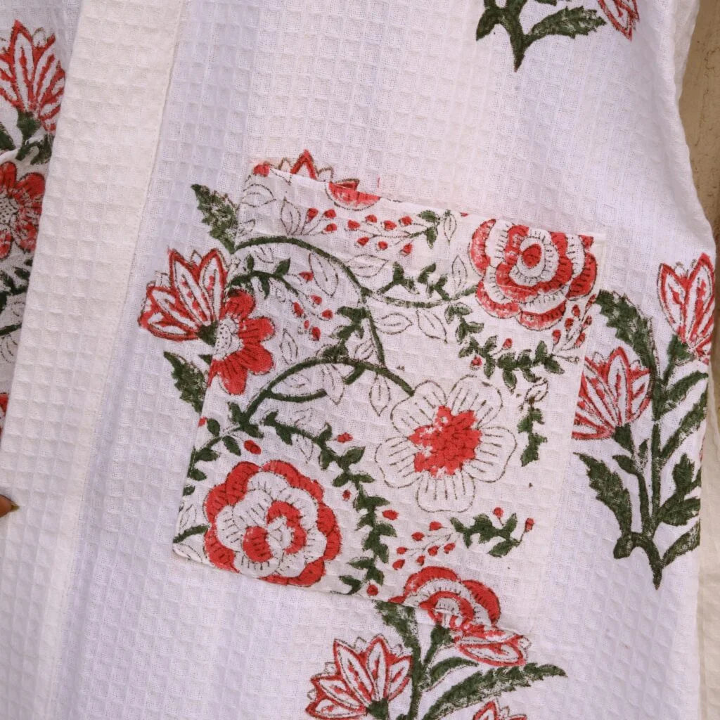 Pink Floral Buta Hand Block Printed Cotton Waffle Bathrobe