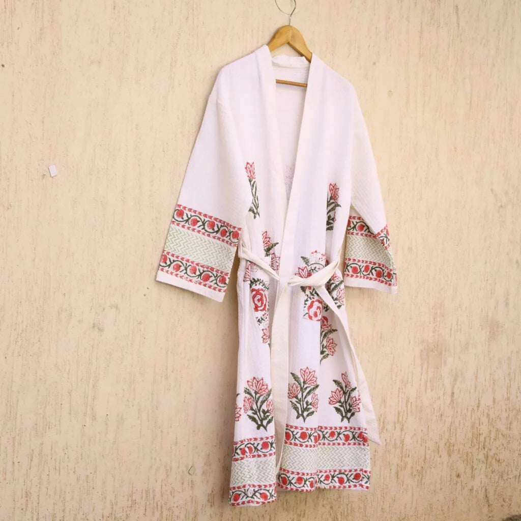 Pink Floral Buta Hand Block Printed Cotton Waffle Bathrobe