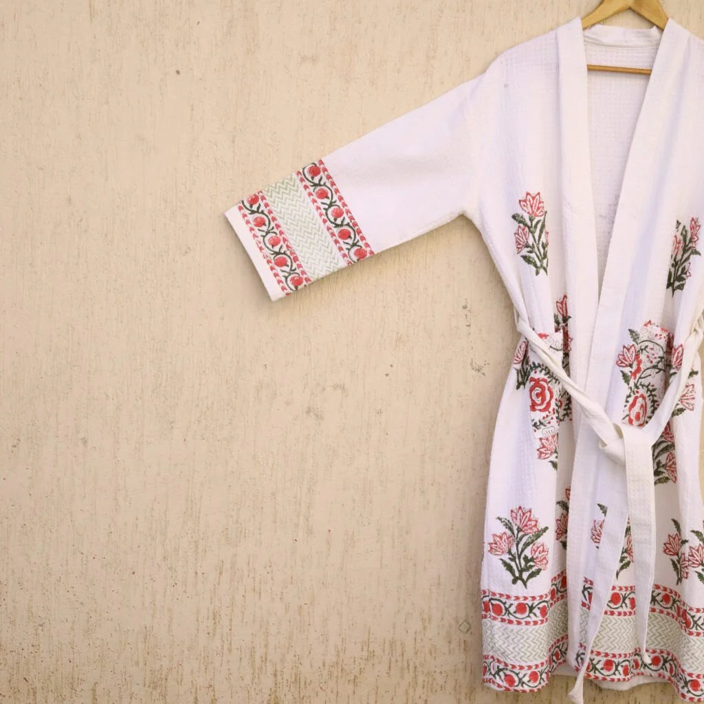 Pink Floral Buta Hand Block Printed Cotton Waffle Bathrobe