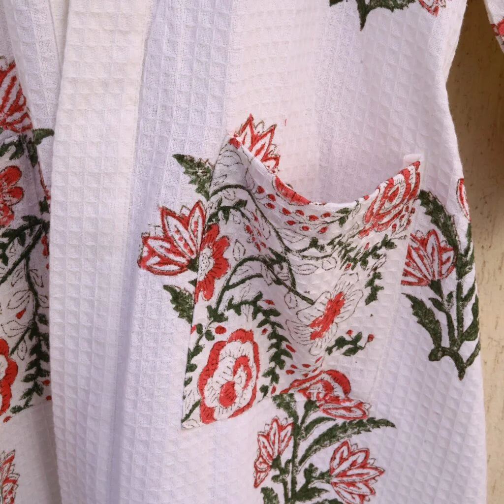 Pink Floral Buta Hand Block Printed Cotton Waffle Bathrobe