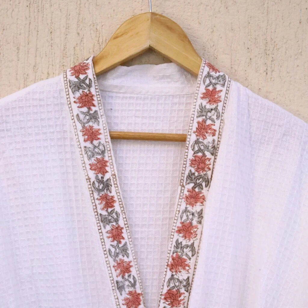 Red Grey Florals Hand Block Printed Cotton Waffle Bathrobe